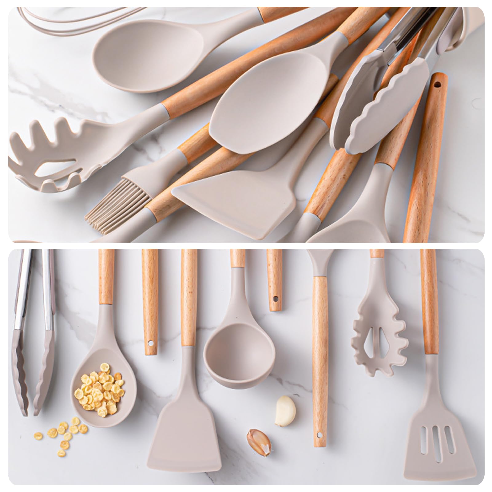 Utensili Cucina Silicone Set - 22 Pezzi Set Mestoli Cucina Manico in Legno - Strumenti da Cucina Resistenti al Calore - Con 10 S Ganci (Kaki)