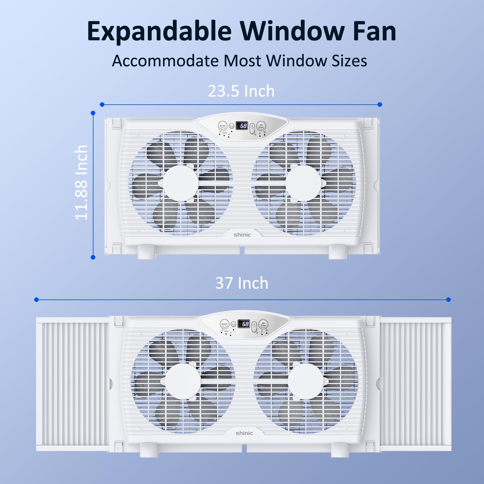 shinic Doppel-Fensterventilator mit Fernbedienung, 22,9 cm, umkehrbarer Luftstrom, Thermostatsteuerung, 3 Geschwindigkeiten, 3 Funktionen, erweiterbare Breite von 60 cm bis 94 cm