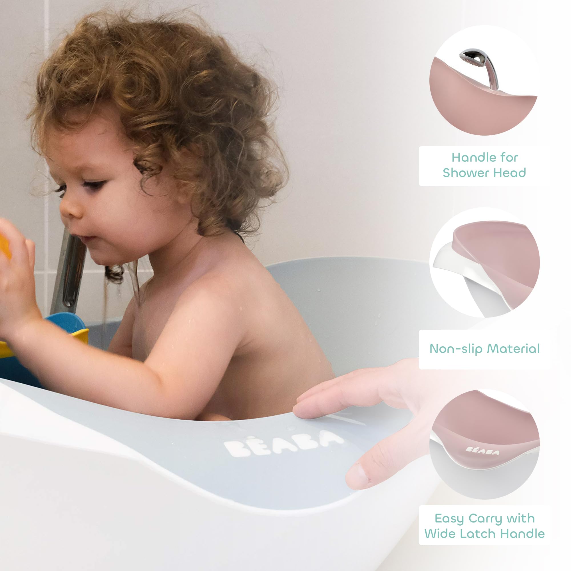 BÉABA - Vaschetta Baby per Bagnetto Neonati, Antiscivolo e Comoda, Ergonomica e Multiuso, Materiale Flessibile e Delicato, Tappo per Svuotare il Prodotto, Camélé'O, Made in France, Rosa