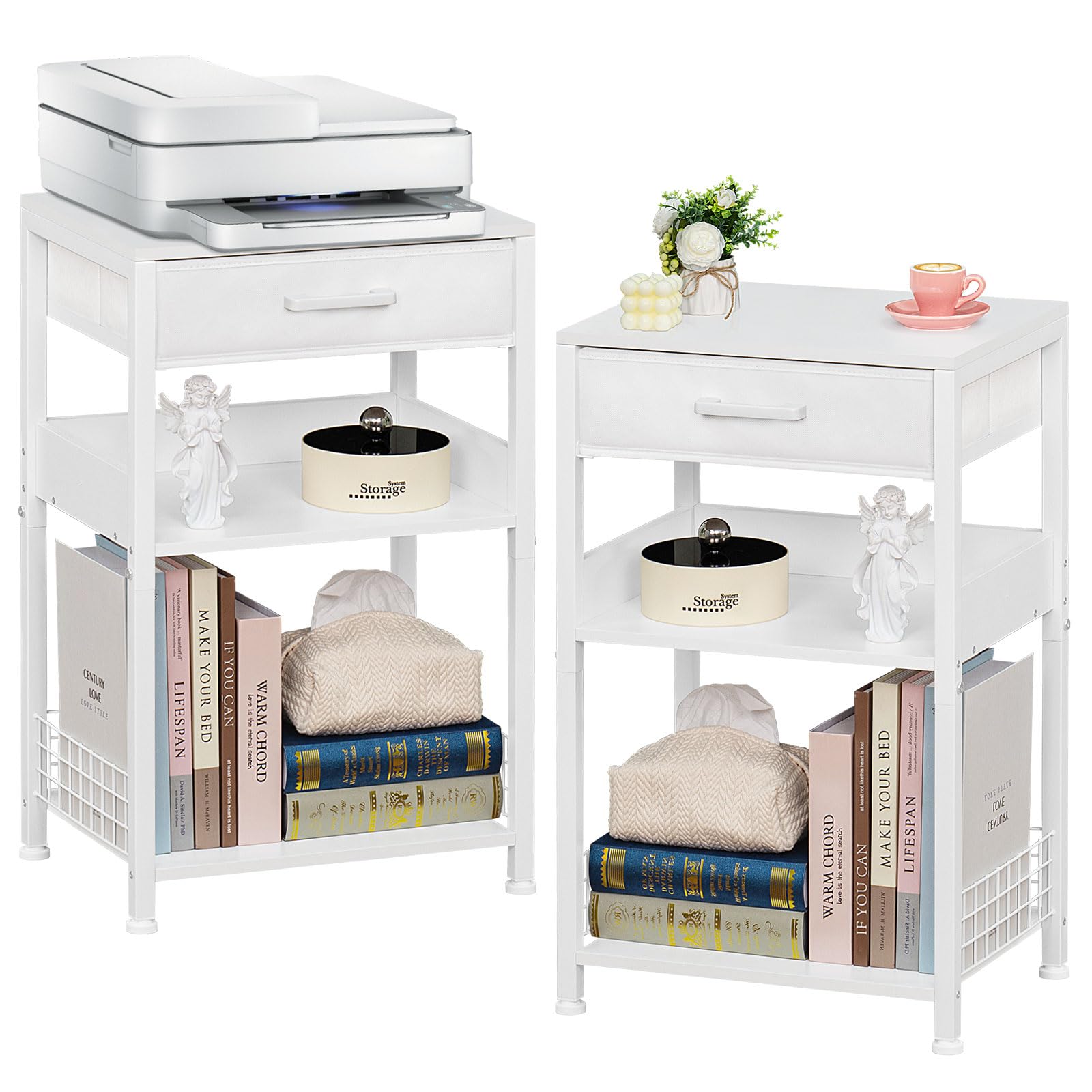 Lerliuo White Side Table Set of 2,3 Tier Industrial Printer Stand with Fabric Drawer,Modern Tall Printer Desk Holder with Storage Shelf,Bedside Tables