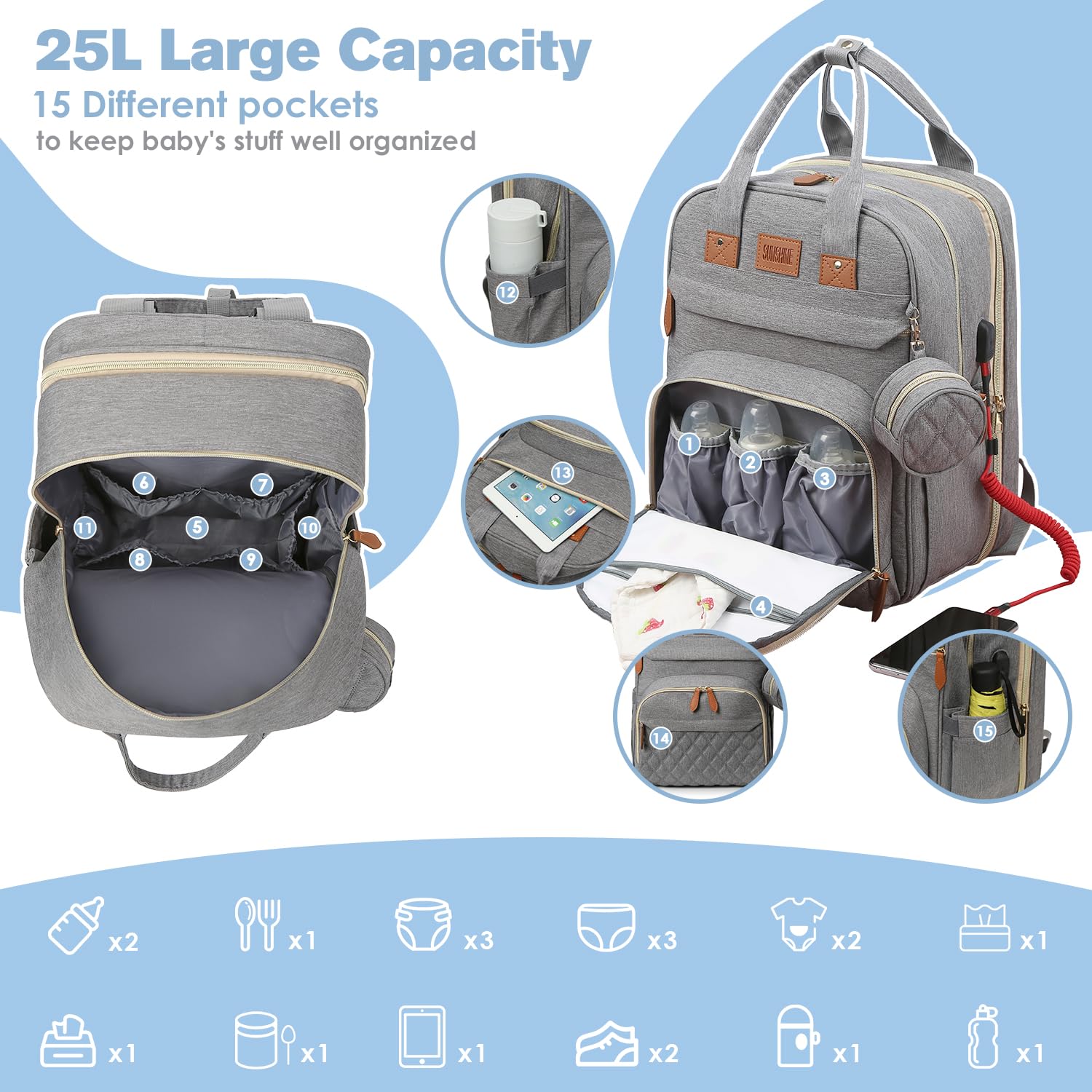 JSTPRO Diaper Bag Backpack, Large Diaper Bag with Changing Station, Baby Bag, New Mom Gifts, Lightweight Waterproof Unisex Diaper Bag with Insulated Pockets and USB Charging Port, Grey