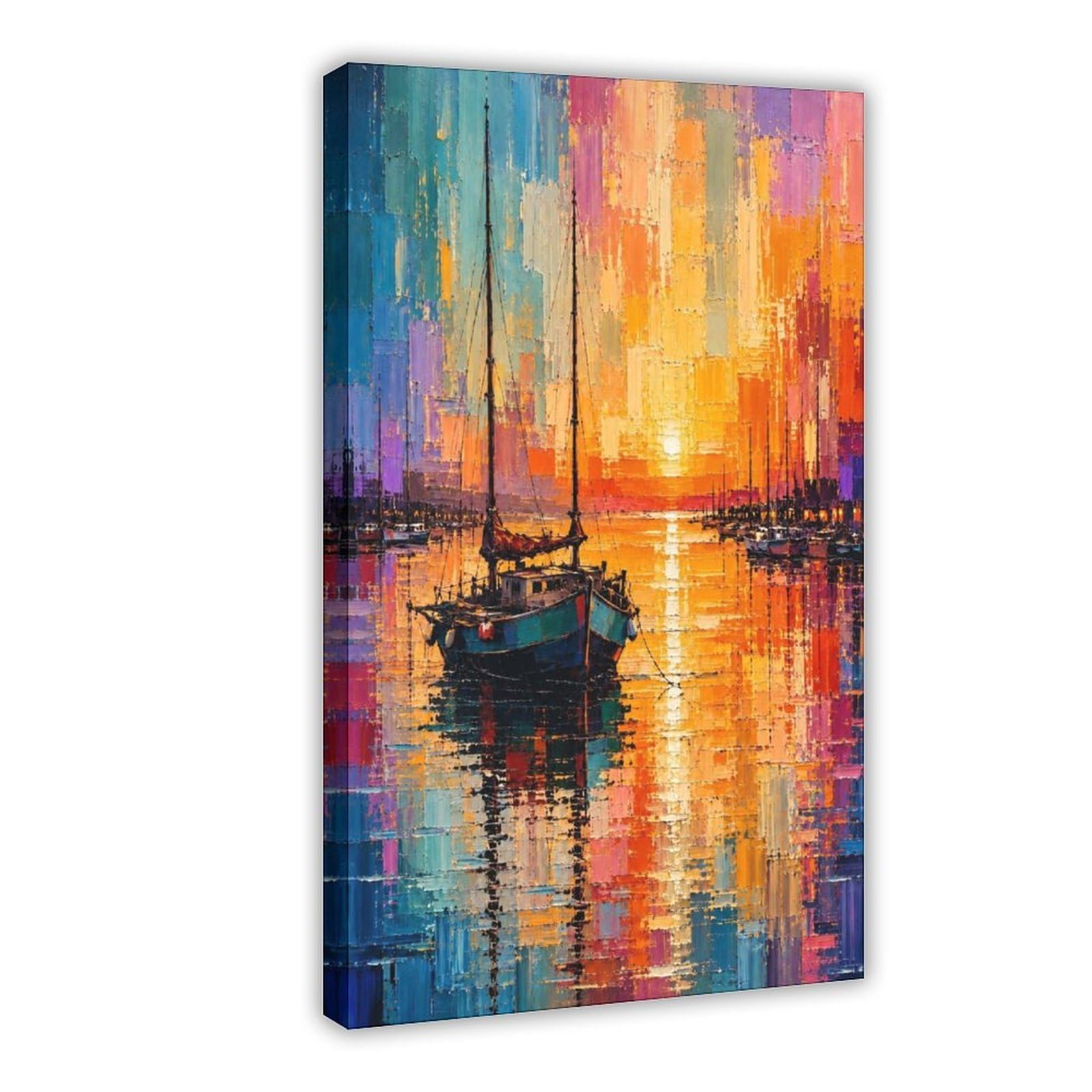 Jfecth Frame-Style Sunset Harbor Sailboat Poster Canvas Poster For Dorm Room Decor Gift