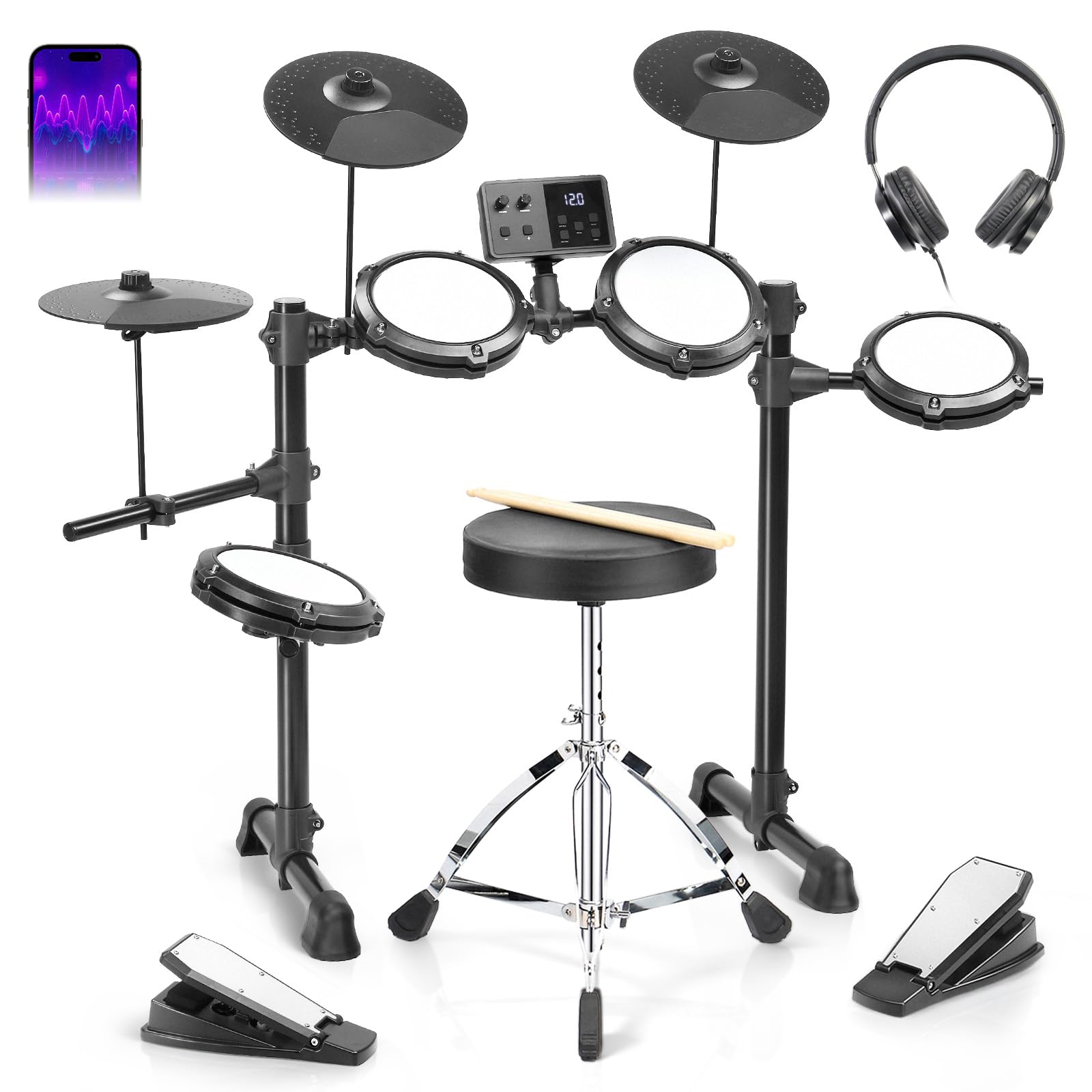LEADZM Batterie Électronique Débutant Professionnelle, Kit de Batterie Numérique 6.5 in avec Baguettes et Trône de Tambour, 15 Sets de Batterie, 150 Sons, 10 Demo Songs, USB MIDI