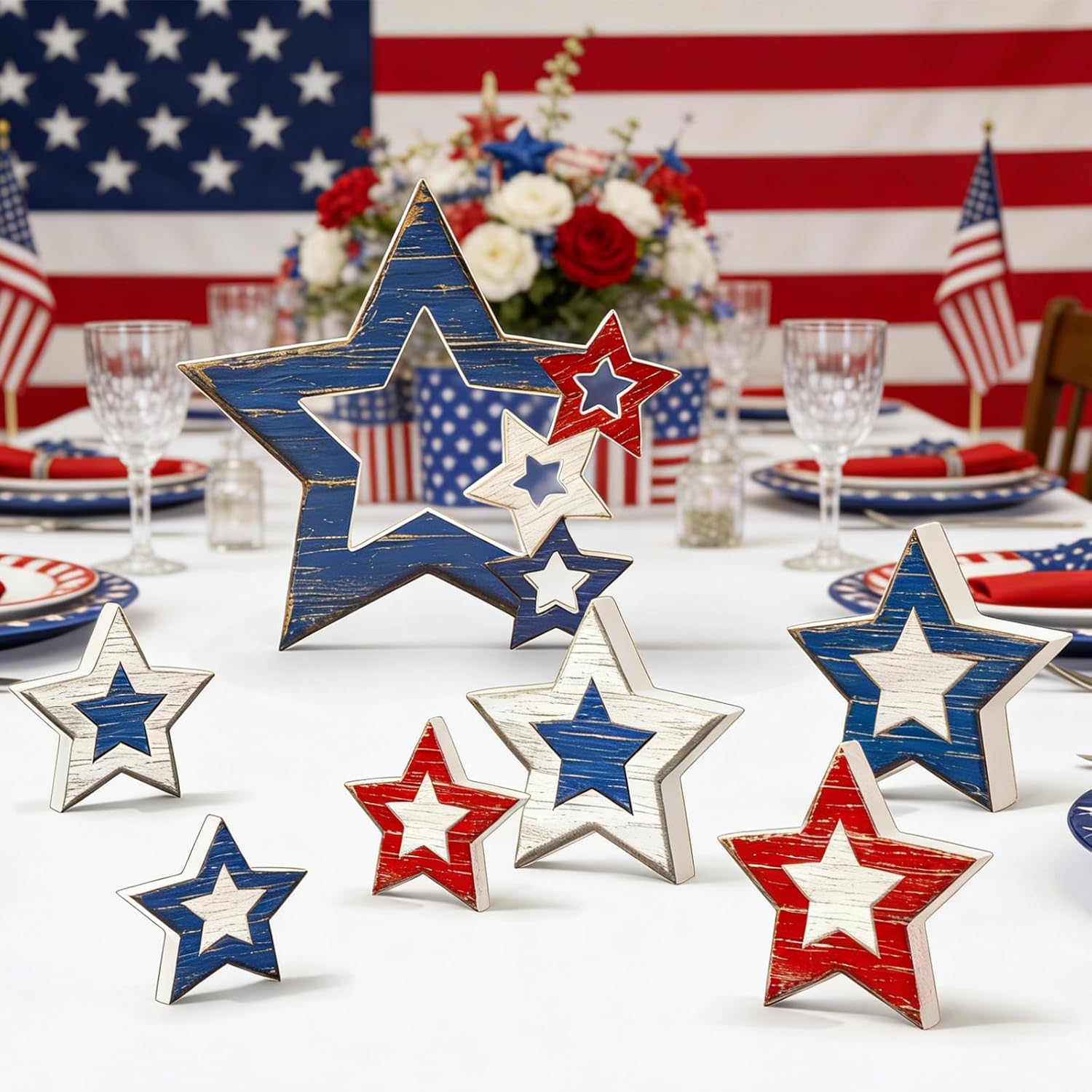 FYSUIMU 7 Pcs Patriotic Star Wooden Table Sign 4th of July Tabletop Centerpiece Red Blue Hollow American Star Tiered Tray Decoration for Independence Day Party Home Farmhouse