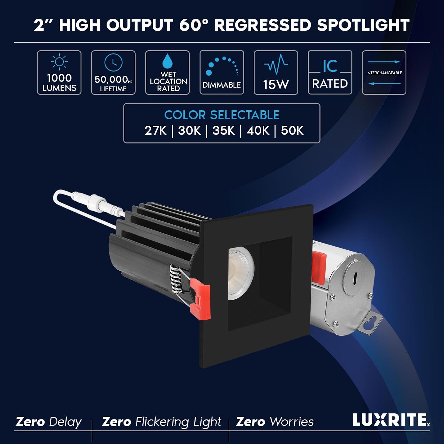 LUXRITE 2 Inch Square LED Recessed Lighting with Junction Box, 15W, 5 Color Selectable 2700K-5000K, CRI 90, 1000 Lumens, 60° Spotlight, Small Dimmable Downlight, Wet Rated, IC Rated - Black (4 Pack)
