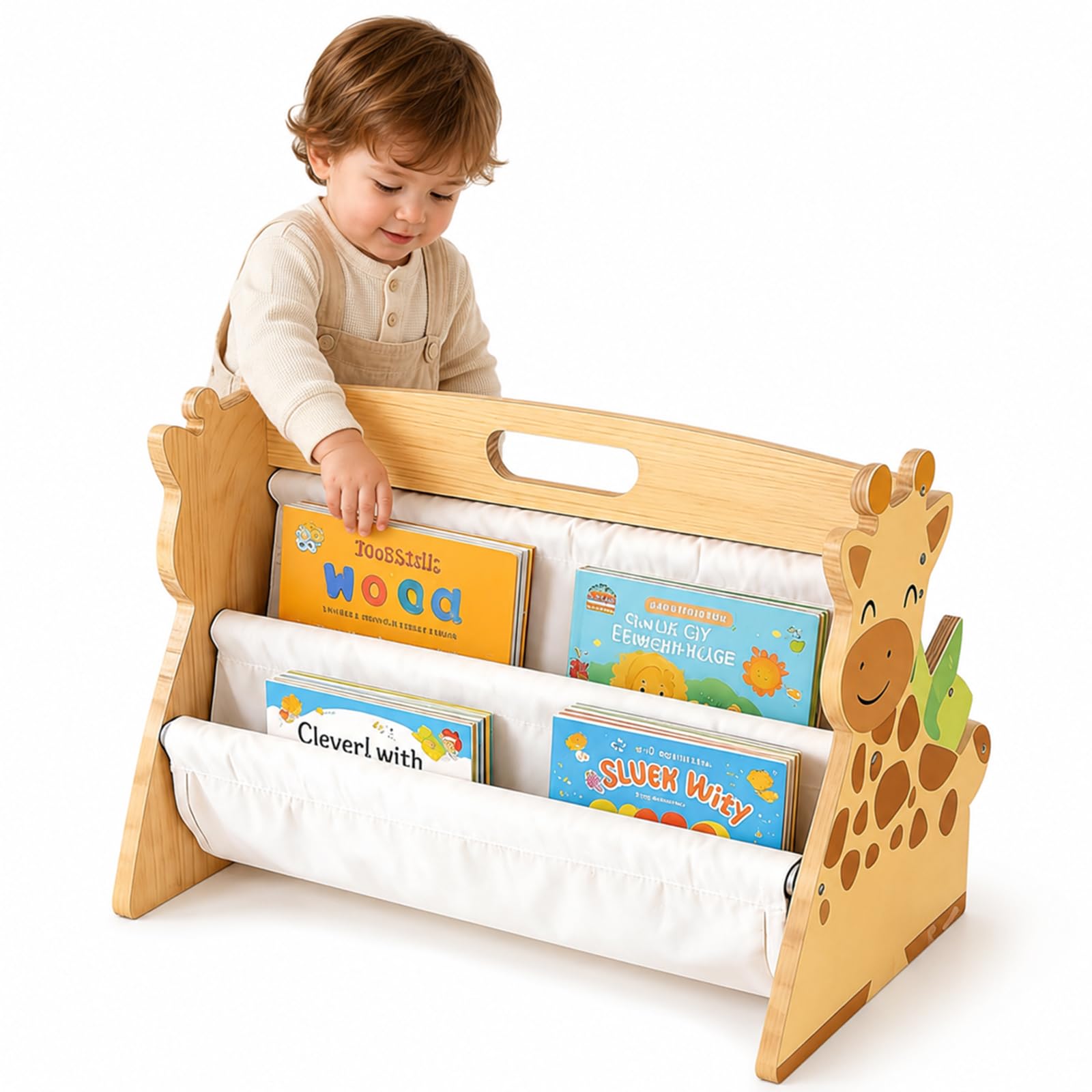 Kids Bookshelf, Double Sided Wooden Book Rack, Toddler Bookcase with Canvas