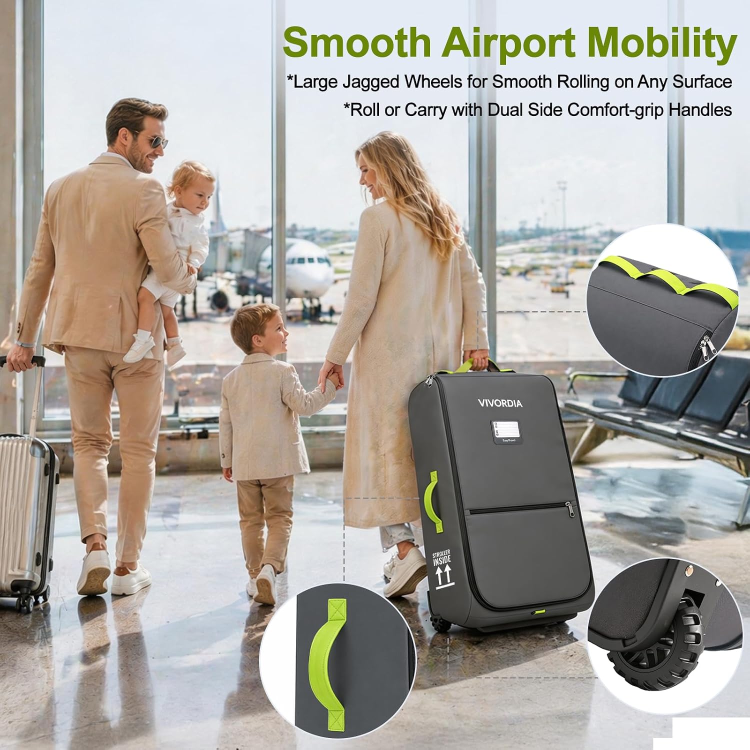 Stroller Travel Bag for Airplane,Compatible with UPPAbaby Vista V1/V2/V3,Cruz V1/V2/V3, Padded Gate Check Stroller Bag with Large Jagged Wheels, Reinforced Bottom, External Pocket (Grey)