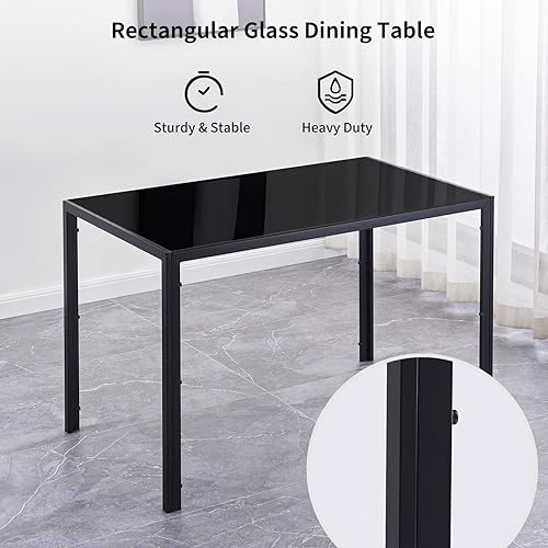 Miniatura 3 de Mesa de comedor de cristal de 51.2 pulgadas para 6 personas, mesa de cocina rectangular negra con tapa de vidrio templado y patas de metal Negro