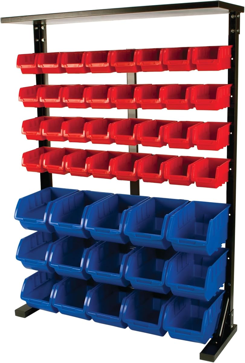W5193 Half Bulk Bin Storage Rack with 32 Bins | Red and blue sorting trays. Black powder coated steel frame measures 45x37x11 in. Assembly hardware included