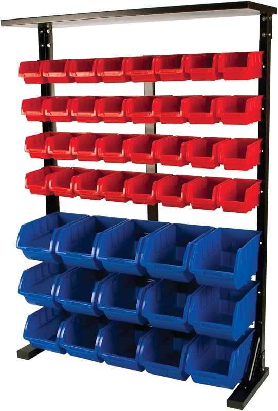 W5193 Half Bulk Bin Storage Rack with 32 Bins | Red and blue sorting trays. Black powder coated steel frame measures 45x37x11 in. Assembly hardware included