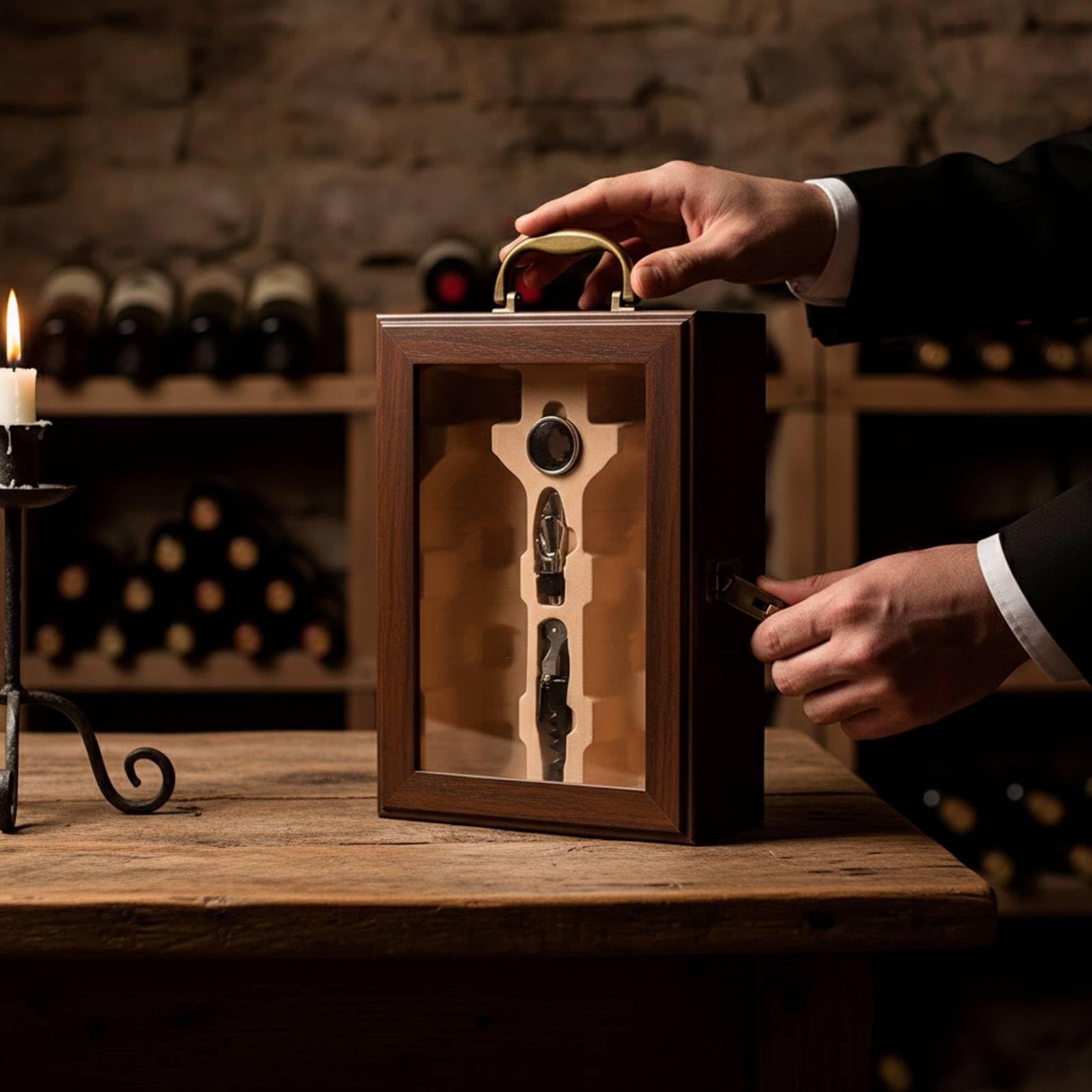 Coffret Vin Boîte Cadeau Étui Présentoir Caisse en Bois avec Fenêtre Claire et Outils Verseur Anneau Anti-goutte Intérieur Structuré, Marron, Boîte En Bois Avec Fenêtre Marron