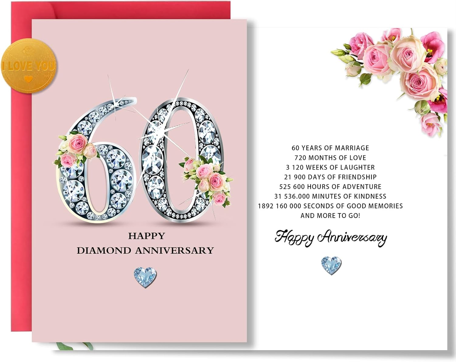 60th Wedding Anniversary， Happy Diamond 60th Anniversary Card ，7 * 5in，Double Sided Printing 350gsm Thick Card