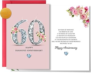 60th Wedding Anniversary， Happy Diamond 60th Anniversary Card ，7 * 5in，Double Sided Printing 350gsm Thick Card