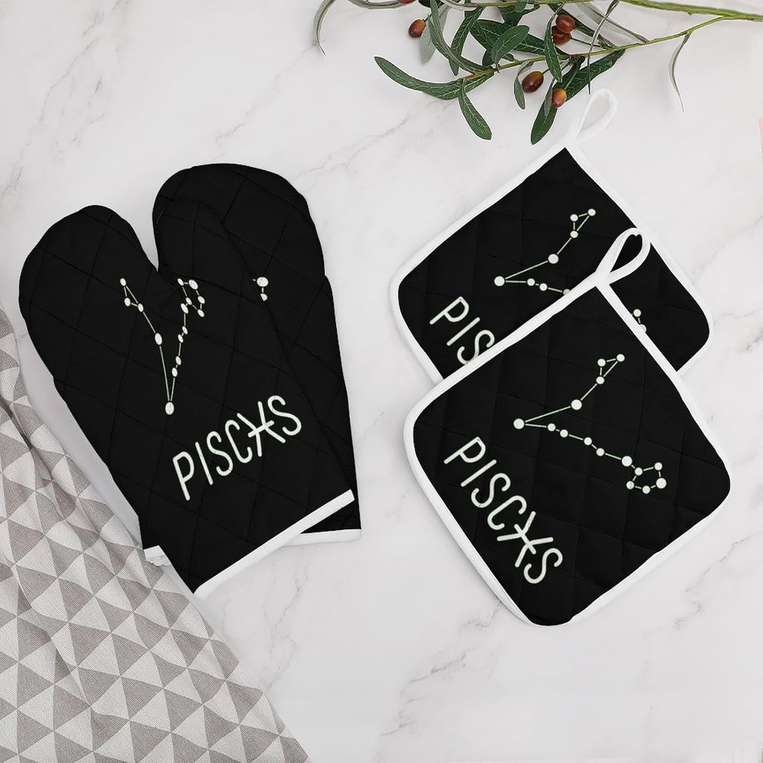 Pisces Constellation Oven Mitts and Pot Holders 4Pcs Set Heat Resistant Cooking Mitts Hot Pads