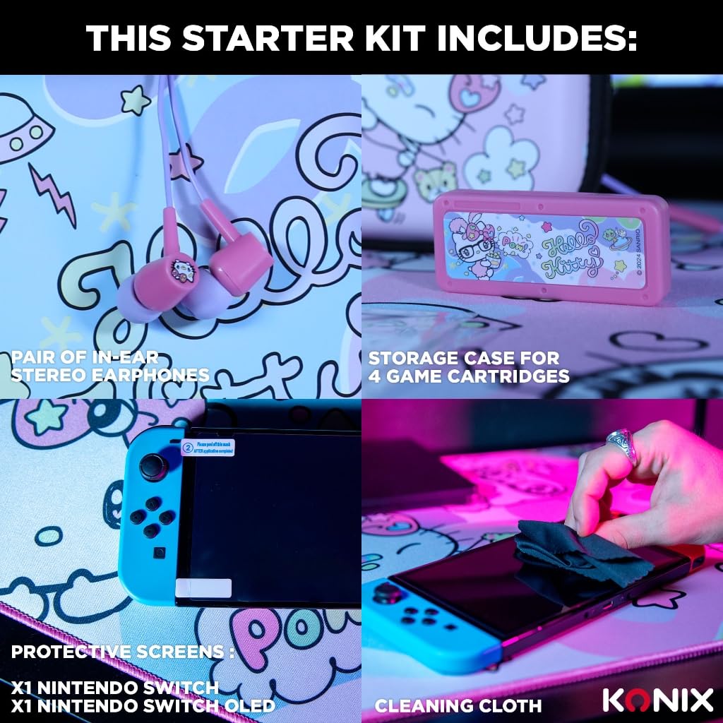 Konix Hello Kitty Set di accessori gaming per Nintendo Switch, Switch Lite e Switch OLED - Custodia - Vetro temperato - Custodia per giochi - Cuffie