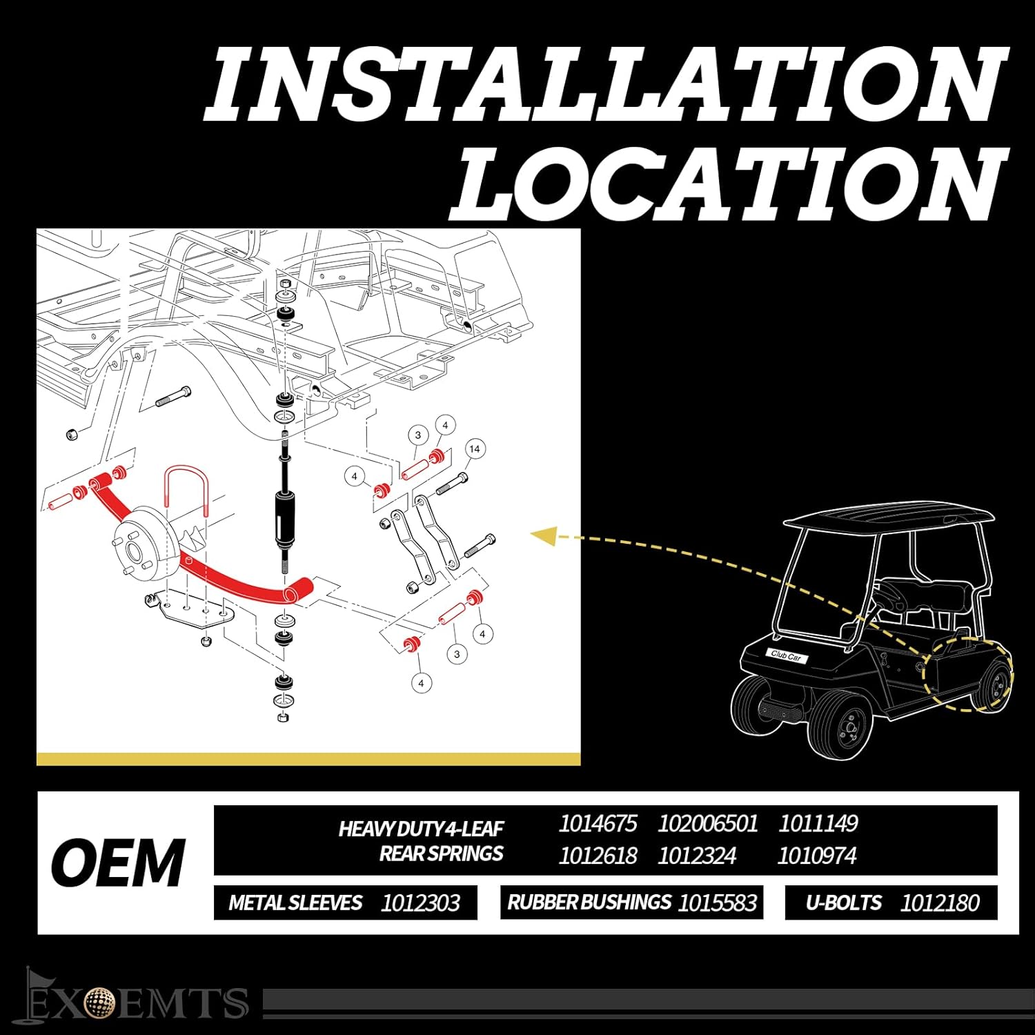 Heavy Duty 4-Leaf Rear Spring Kit for Club Car DS 1982-Up Gas & Electric Golf Cart, Includes Bushings, Sleeves, U-Bolts, OEM# 1014675, 1012303, 1015583, Enhanced Stability & Smooth Ride