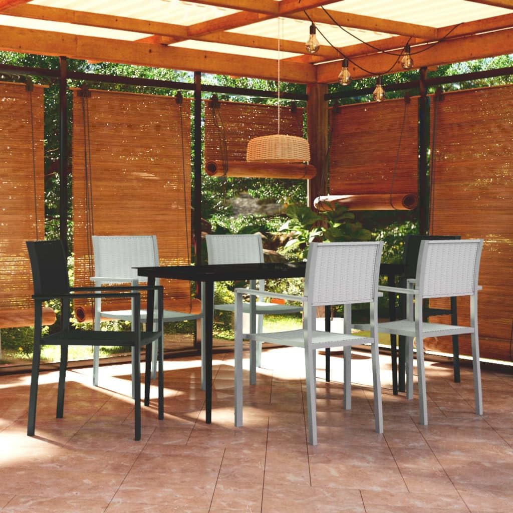Juego de comedor de jardín de 7 piezas en blanco y negro con mesa de cristal y sillas de plástico con aspecto de ratán, marco de acero con recubrimiento en polvo, fácil de limpiar, para jardín