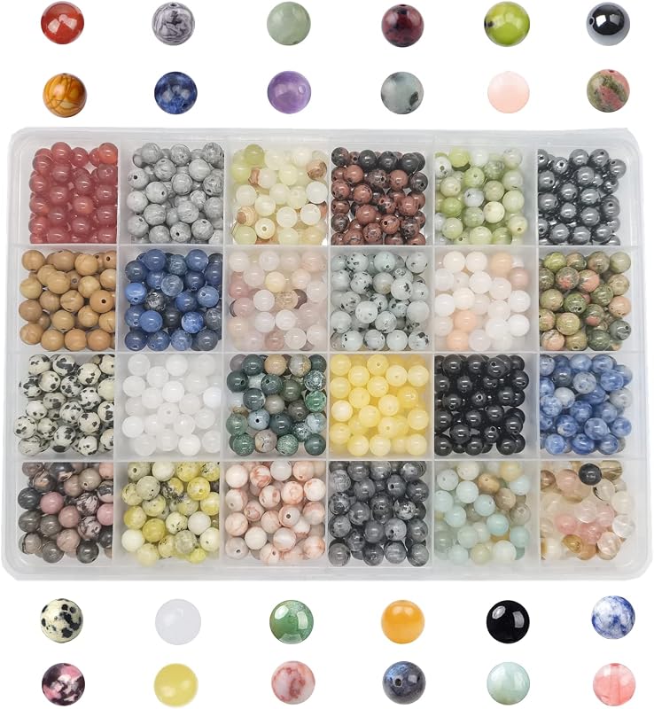 Kit de fabricación de joyas, pulsera de cristal con cuentas de piedras preciosas naturales de 6mm, 960 Uds. | GangGangHao 24 cuentas de piedra redonda real de color DIY a granel para hacer collares y pendientes, suministros de cuentas