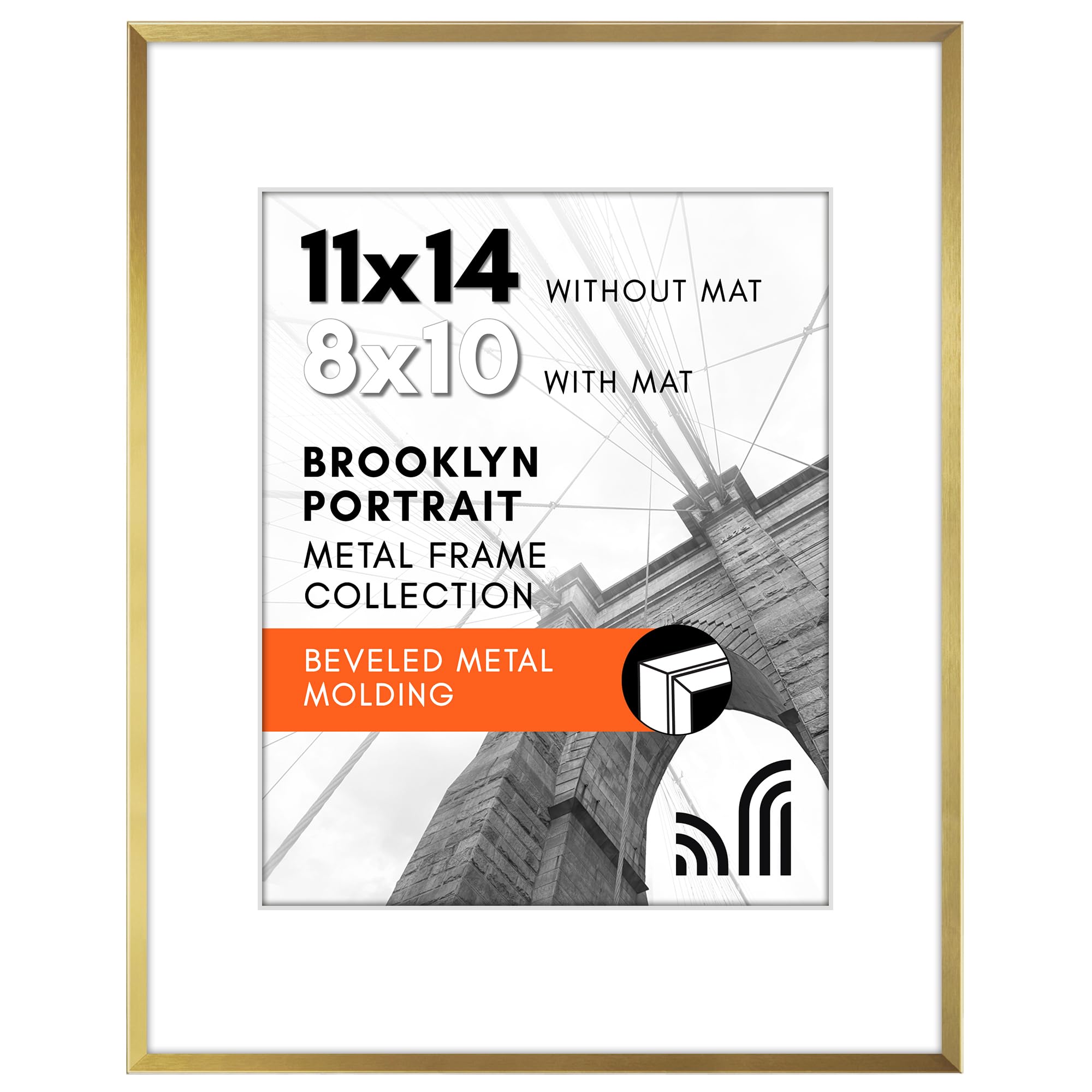 Americanflat Aluminum 11x14 Picture Frame with Shatter-Resistant Glass - Use as 8x10 Frame with Mat or 11x14 Frame Without Mat - Brooklyn Collection - Photo Frame for Wall Display - Gold