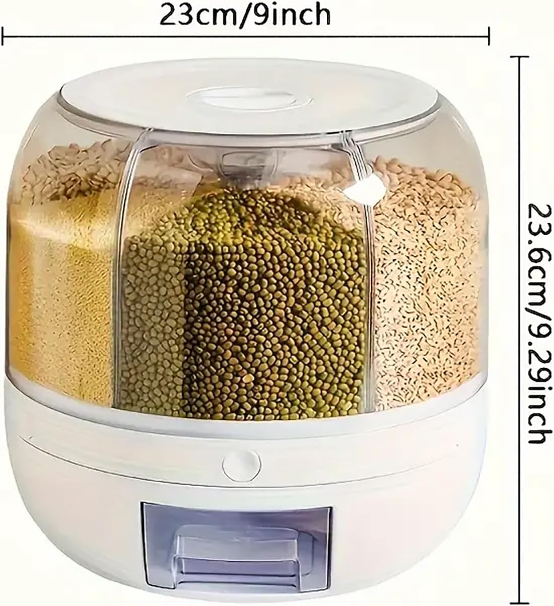 360° Rotating Grain Dispenser, 6-Grid Large Rice Storage Container (13 Lbs), One-Click Output Sealed Food Storage for Rice, Beans, Cereal - Countertop Kitchen Organization