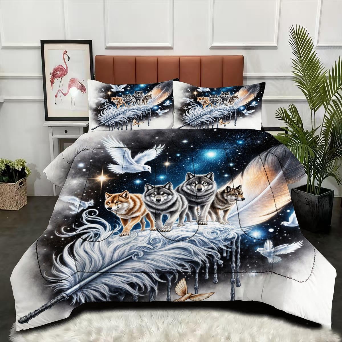 Couette 220 x 240 cm Loup Plume de Pigeon, parure de lit 3 pièces au fini réversible moderne