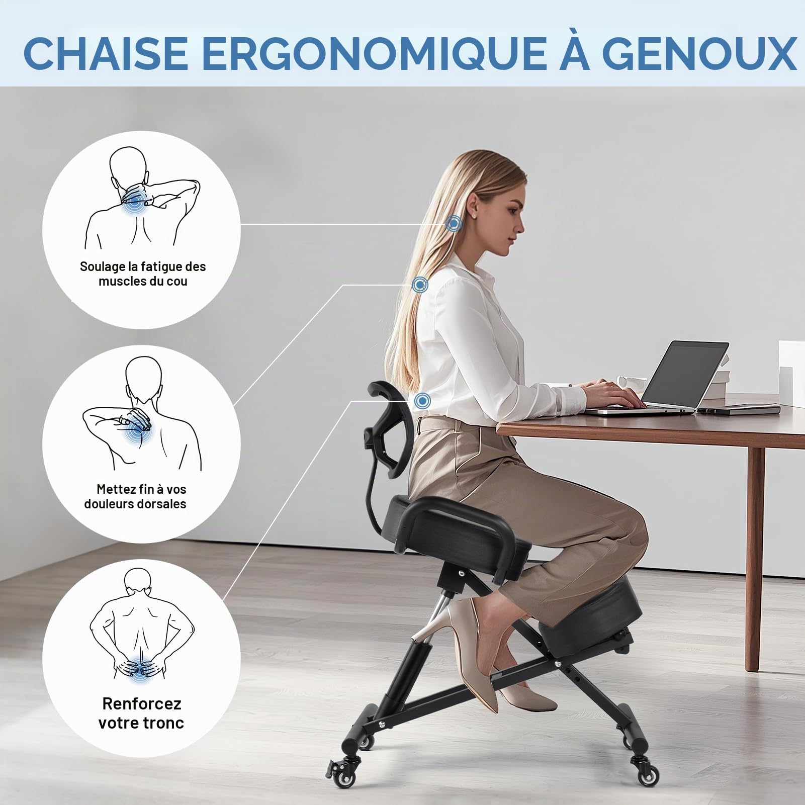 Chaise genoux ergonomique avec dossier | Hauteur réglable de 57 à 67 cm et rembourrage en maille respirante | Repose-jambes 4 positions et siège stable jusqu'à 100 kg Tabouret pour bureau, dessin et