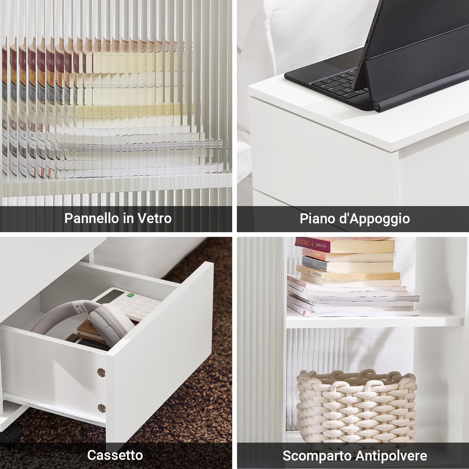SoBuy Mobiletto con Rotelle, Comodino con 3 Cassetti e 2 Ante a Vetro, Tavolino Moderno Multifunzione per Soggiorno, Camera da Letto, Bianco 70x35x61 cm FBT141-W