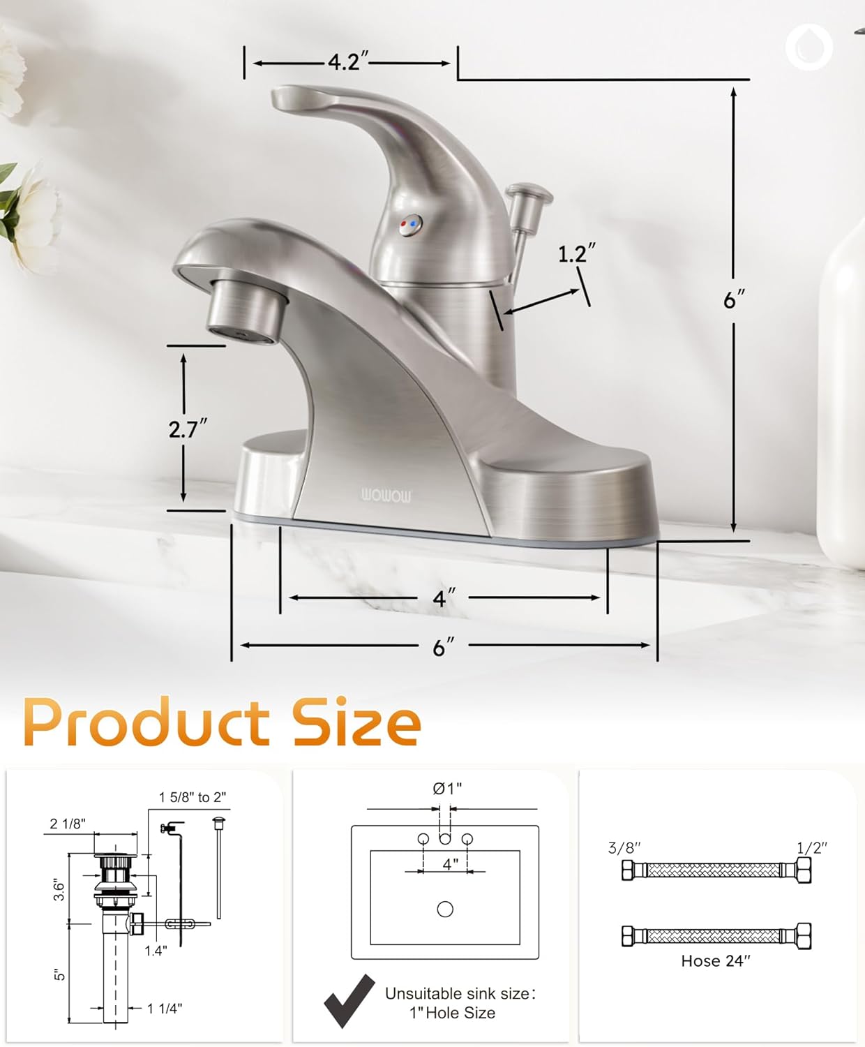 WOWOW Bathroom Faucet 1 Handle Low Arc Single Handle 4 inch Centerset Bathroom Sink Faucet with Pop Up Drain Assembly Basin Mixer Tap Brushed Nickel Vanity Faucets