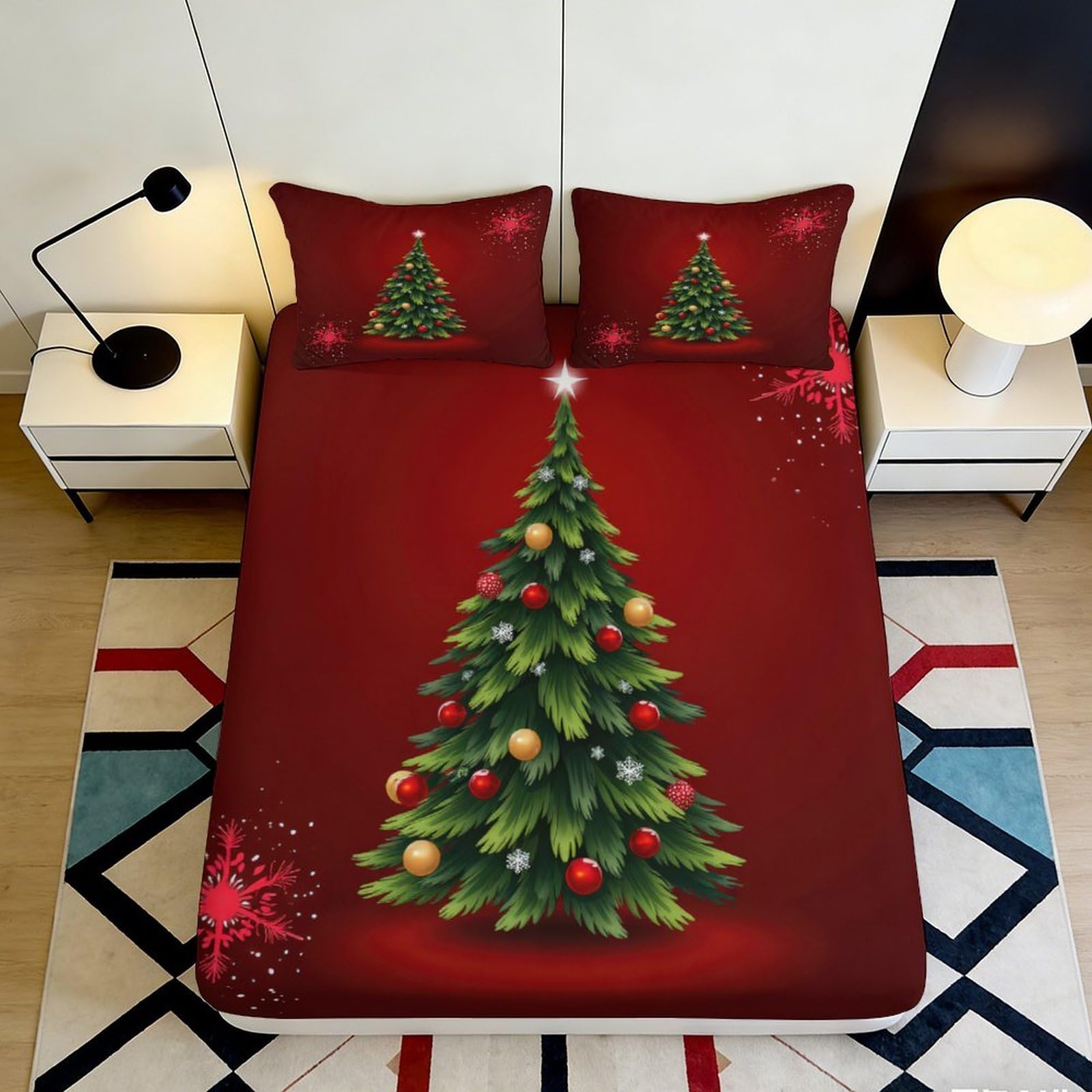 3D Printed Christmas Tree Fitted Sheet Microfiber Red Holiday Decor Bed Cover for Bedroom Guest Room Dorm 90x200x25cm