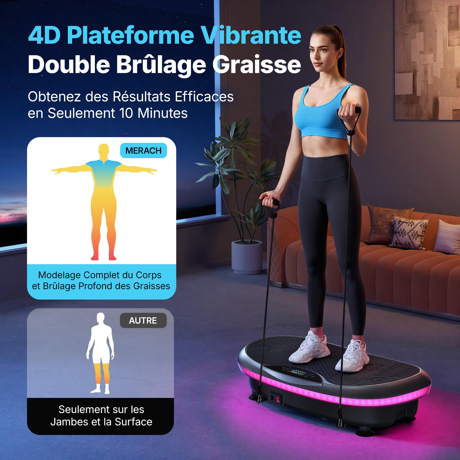 MERACH 4D Plateforme Vibrante 7 Modes Vibration 120 Niveaux Vitesse 5 Programmes Intelligents Haut-Parleur Bluetooth Intégré