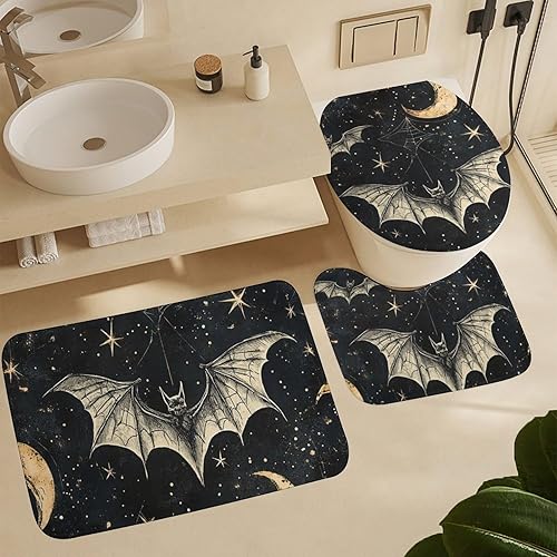 Miniatura 6 de Juego de 4 cortinas de ducha de murciélago de terror de Halloween con alfombras, cubierta de tapa de inodoro y tapete de baño, cortinas de baño