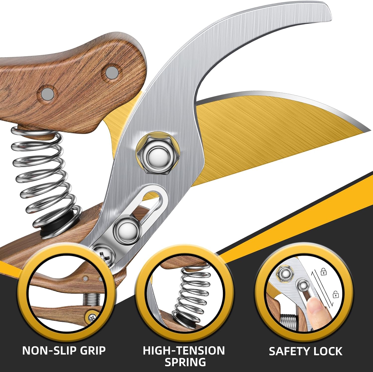 DECERK® 8.5" Premium Bypass Pruning Shears – Wood Grain Finish with Gold Titanium Blade, Japanese SK5 Steel, Balanced Ergonomic Handle for Precise Garden Trimming, Timeless Gardening Companion