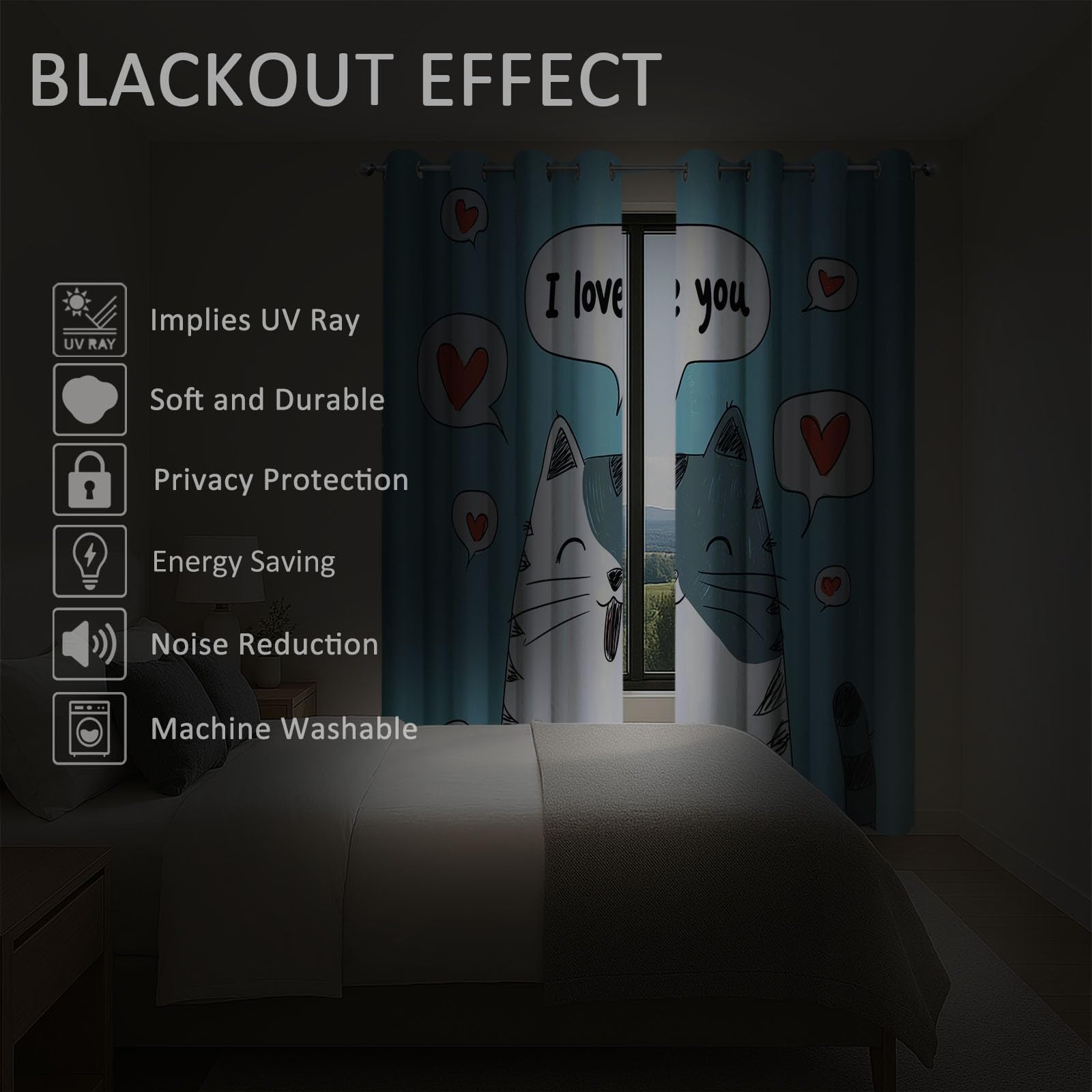 Generisch Tiere Katzen Text 2er Set Verdunkelungsvorhänge mit Ösen, Cartoon-Stil Blickdicht Thermo Isoliert Vorhänge für Wohnzimmer & Schlafzimmer, HxB 215 x 110 cm