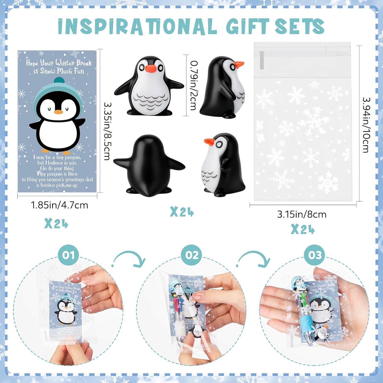 AmazingSpark 24 Set Christmas Winter Gifts for Women Bulk Ballpoint Pen Mini Pocket Resin Ornaments Winter Inspirational Card Gift Bag Christmas Classroom Gifts for Student Prizes Coworker(Penguin)