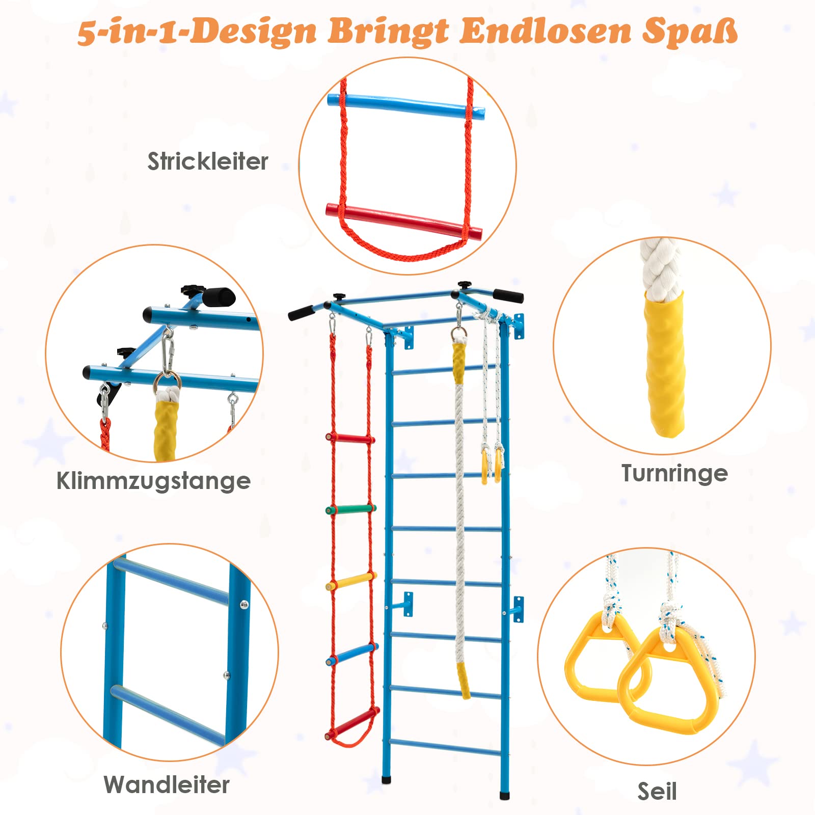 COSTWAY Kinder Kletterwand Sprossenwand Metall, Turnwand Gymnastikgerät Klettergerüst 107x83x223cm, Heimsportgerät für Kinder und Erwachsener bis 100kg