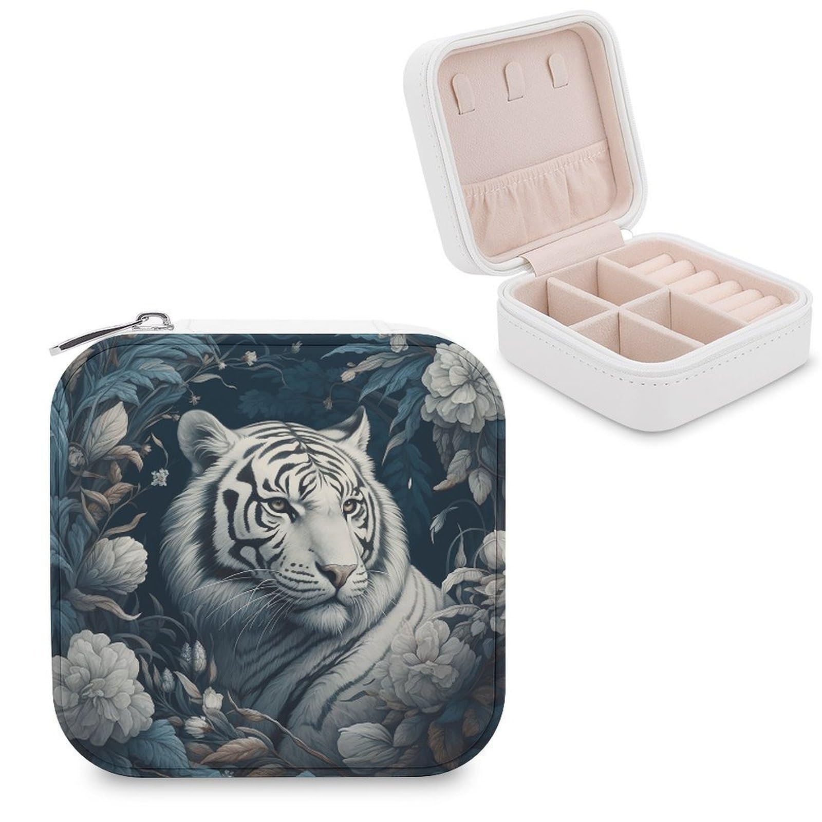 FekiLoot Tiger And Flowers Jewelry Case Personalized Leather Jewelry Box Mini Travel Jewelry Case Small Portable Jewelry Organizer for Ring Earrings Necklace Bracelet