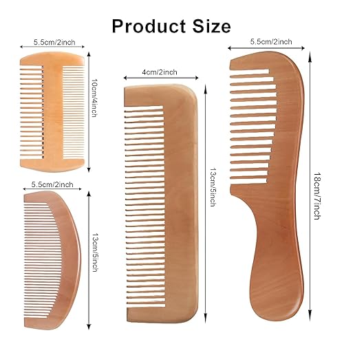 Miniatura 2 de Juego de 4 peines de bambú natural para mujeres y hombres, desenredante de dientes anchos, barba y peinetas para cabello rizado, grueso y ondulado