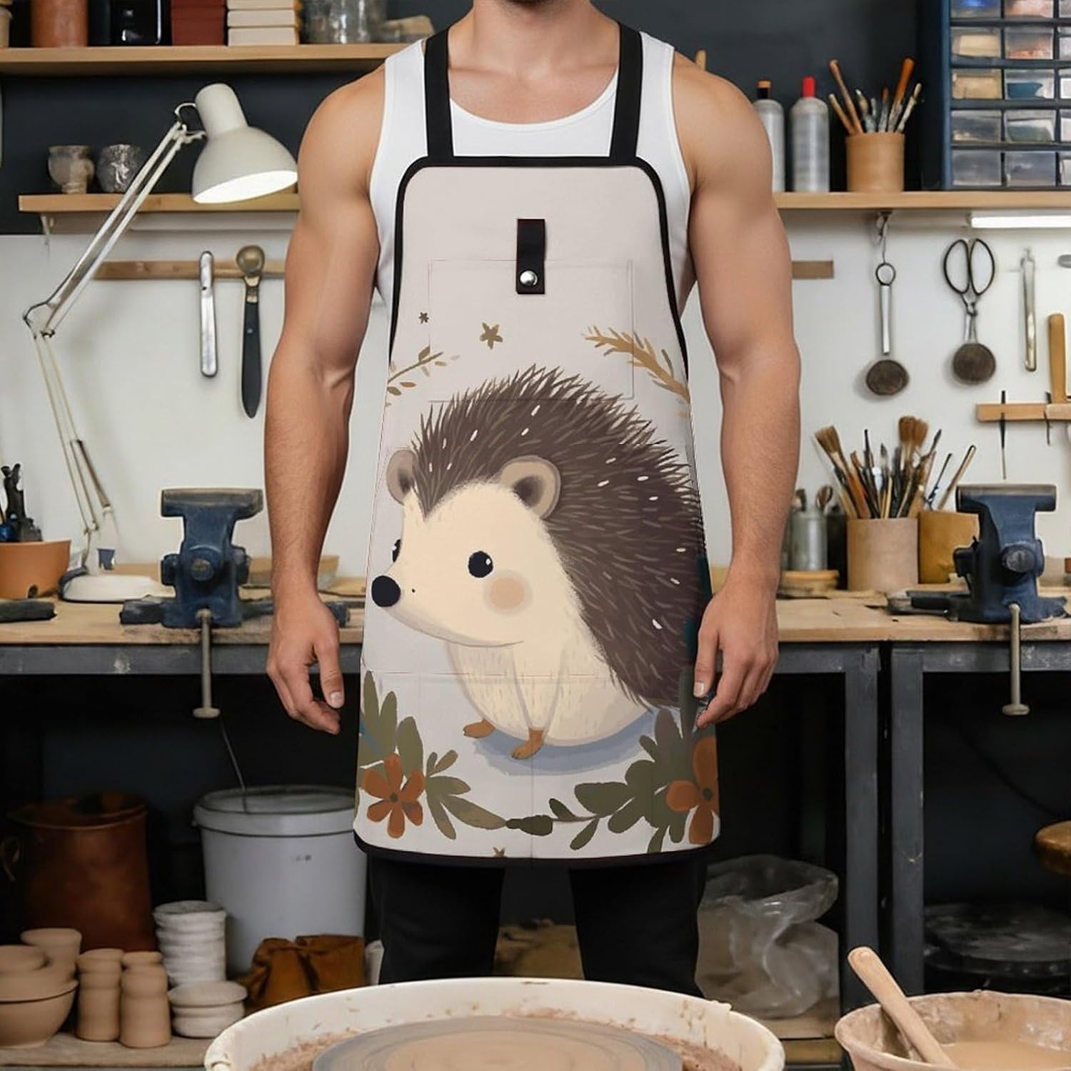 Cute Little Hedgehog Tool Apron for Men Women Fully-Adjustable Work Apron with 8 Tool Pockets Heavy Duty Workshop Bib Aprons for Carpenter Woodworker Blacksmith Welder Cobbler Butcher image 4