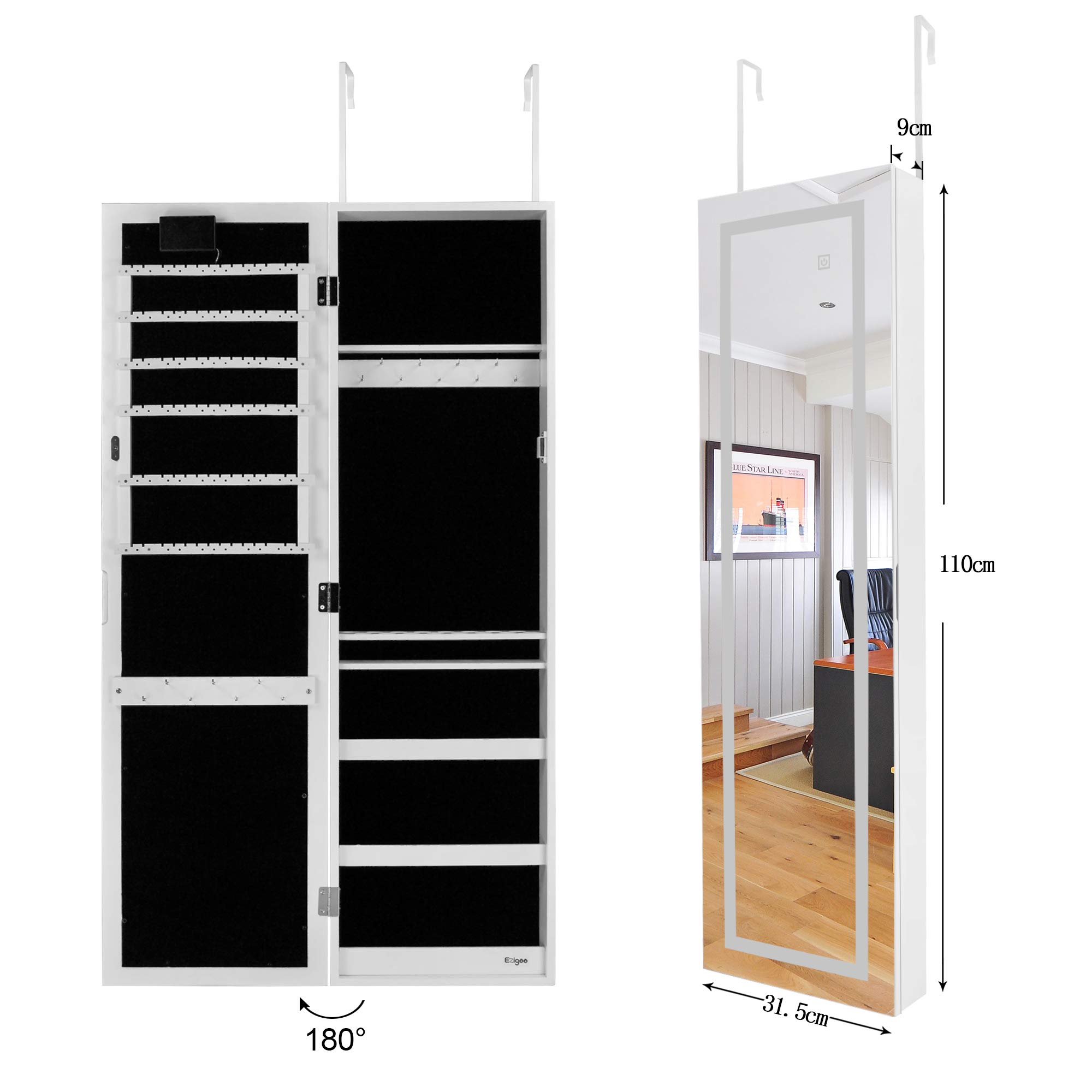 Schmuckschrank mit Spiegel und Touchscreen-LED-Lichtleiste – Weiß – Türhänger/Wandmontage – Spiegelschrank für Schmuck – Schmuckaufbewahrung – Kosmetikschrank – Schmuckkasten – Aufbewahrung