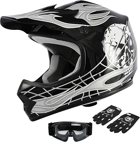 Miniatura 8 de SLMOTO - Casco de motocross para niños y niñas, aprobado DOT, casco para VTT, diseño de araña roja, Casco + Gafas + Guantes