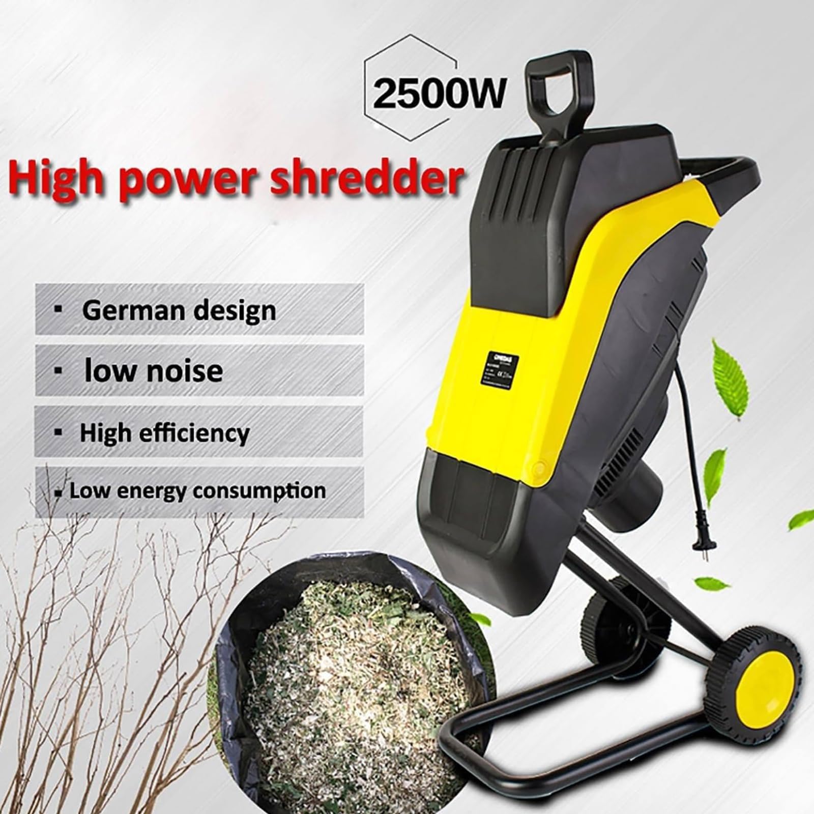 Trituradora De Jardín Eléctrica 2500W, Astilladora & Trituradora De Hojas Con Diámetro De Corte 35mm, Bolsa De Recogida 30L, Portátil Para Ramas Hojas & Compost