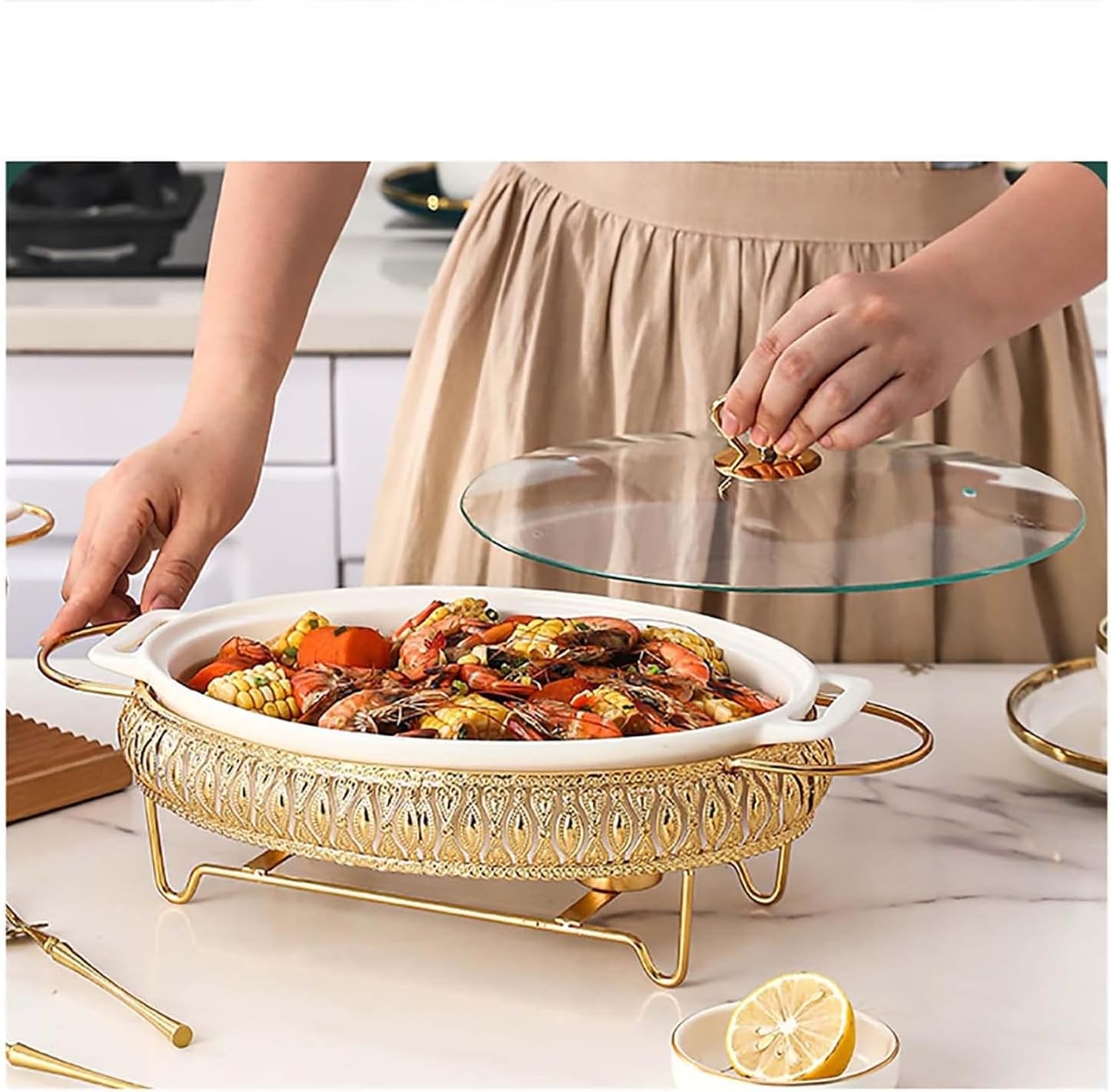 White Ceramics Chafing Dish Buffet, Oval Chafer Set and Buffet Food Warmers Set with Fuel Holder and Glass Lid for Buffet Weddings, Parties, Banquets, Christmas, Catering,