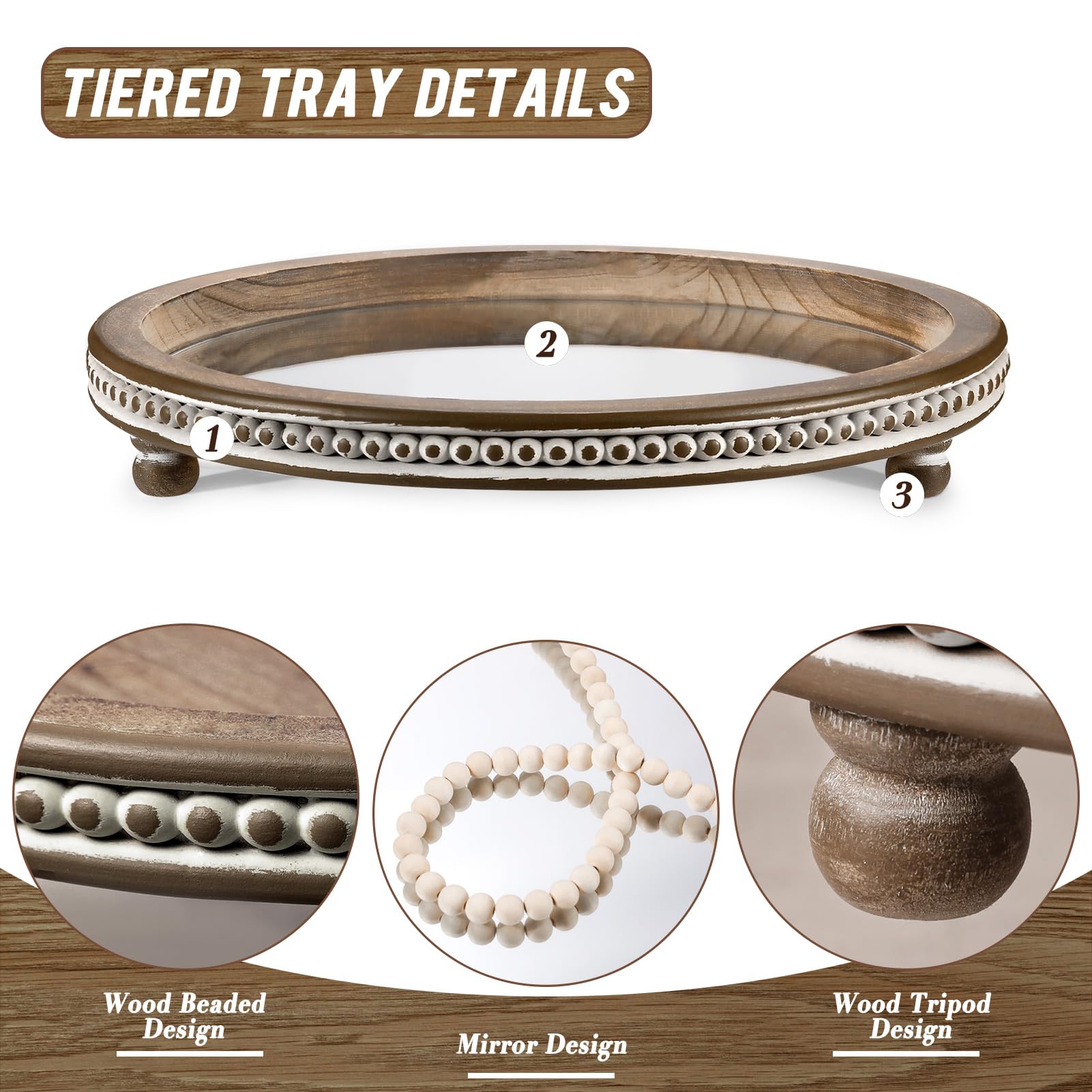 Bandeja de madera hecha a mano, bandeja de café con cuentas pequeñas, bandeja decorativa redonda de espejo para mesa de café, mesa de comedor, entrada y mesa de sala de estar, TR700 2