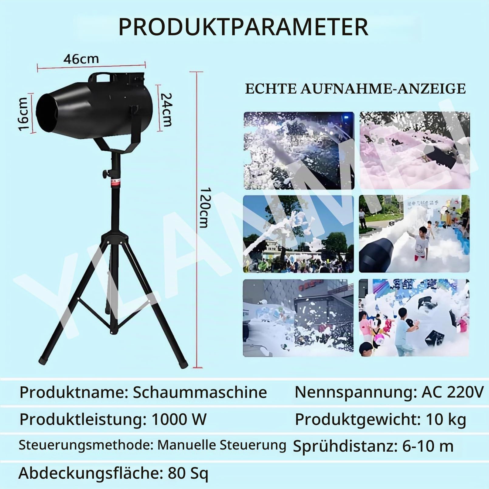 1000W Party-Schaummaschine für den Außenbereich, Schaumkanone, Entfernung 6-10M/Fläche 80M, Einstellbarer Winkel, Bühneneffekt, für Kinderfeste und Geburtstage