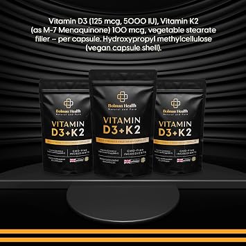 Vitamin D3 + K2 Capsules | 5000 IU Vitamin D3 & 100µg Vitamin K2 MK-7 | Supports Bones, Teeth, Muscles & Immune Function | 60 Vegetarian Capsules | Non-GMO | Gluten-Free Vitamin D Supplement