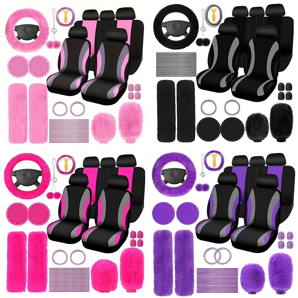 Set di 45 accessori per interni auto, in peluche, per volante, freno a mano, cambio e copertura per volante in morbida lana sintetica, per donne e ragazze, rosa