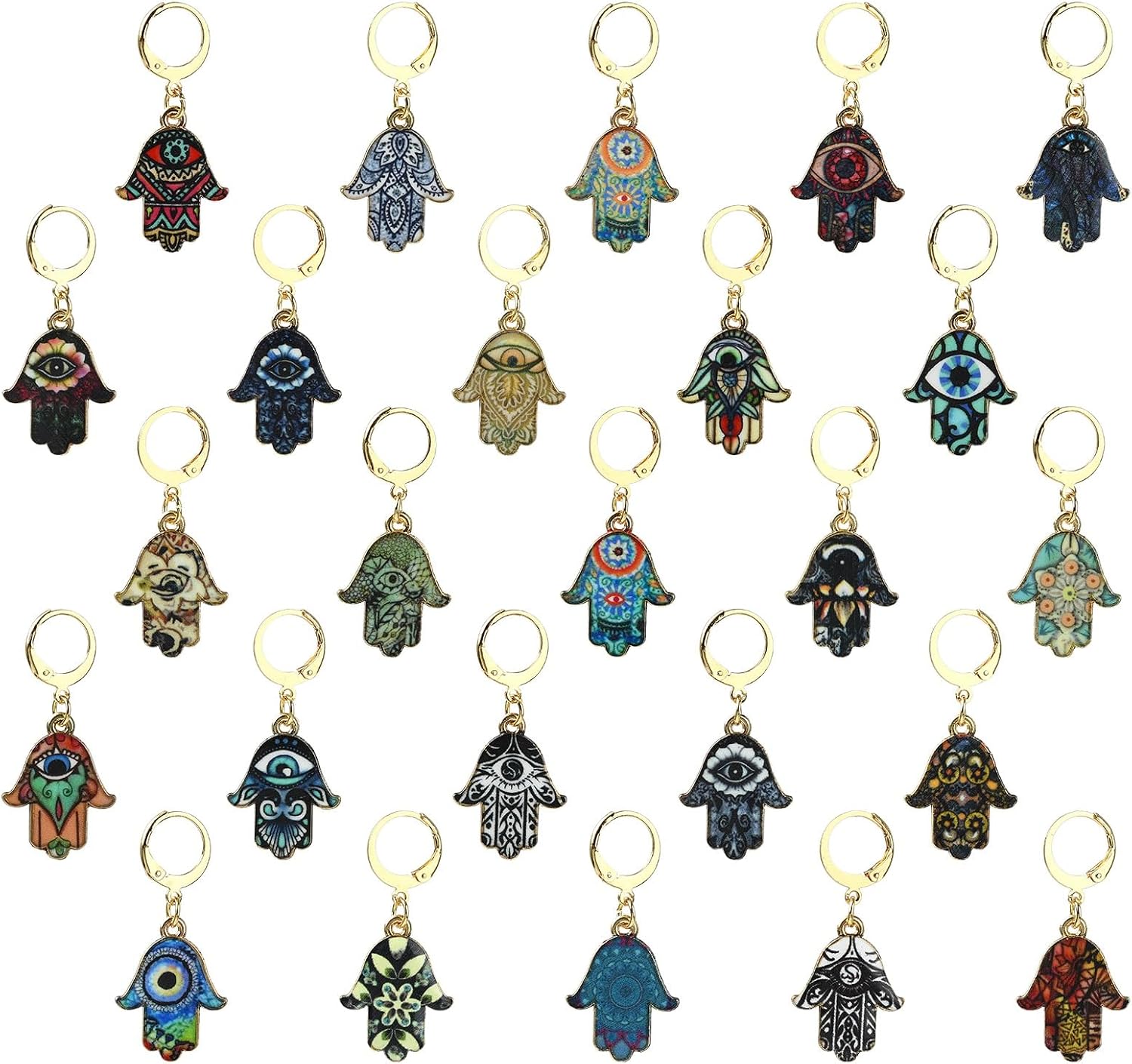 LiQunSweet 25 pcs Hamsa Hand Theme Enamel Alloy Stitch Markers Lucky Evil Eye Buddha Charms with Leverback for Knitting Crocheting DIY Jewelry Craft Bag Decoration