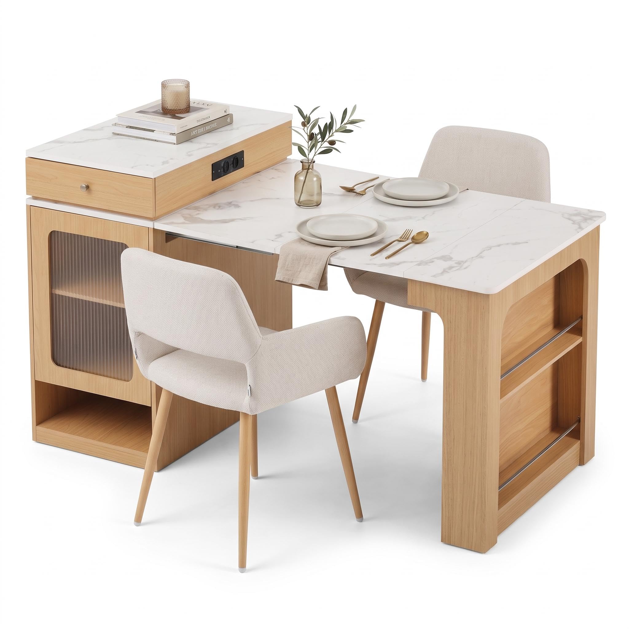 Juego de comedor de tablero DM mesa extensible 2 sillas beige con almacenamiento