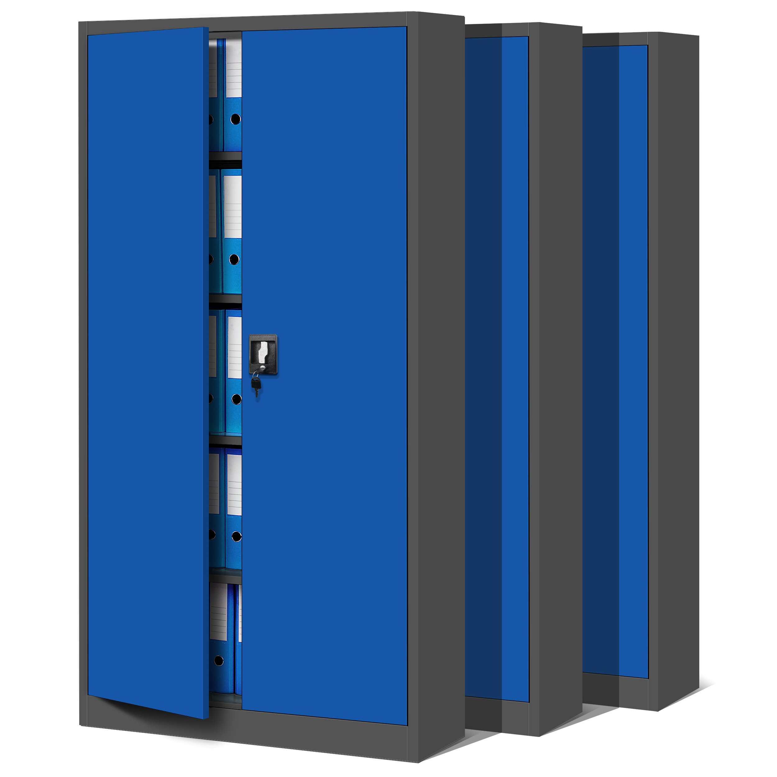 Jan Nowak Set di 3 Armadio da Ufficio C001 Archivio per Officina in Metallo Verniciato a polvere Chiudibile 185 cm x 90 cm x 40 cm (Antracite-Blu)