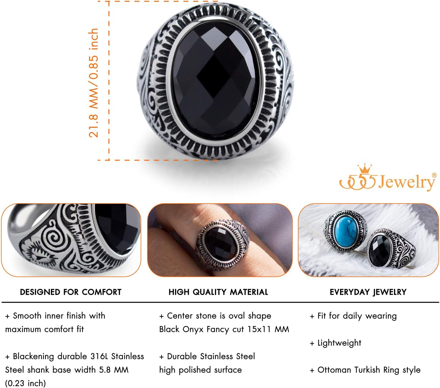 555Jewelry Stainless Steel Vintage Celtic Signet Onyx Stone Ring for Men - Image 5